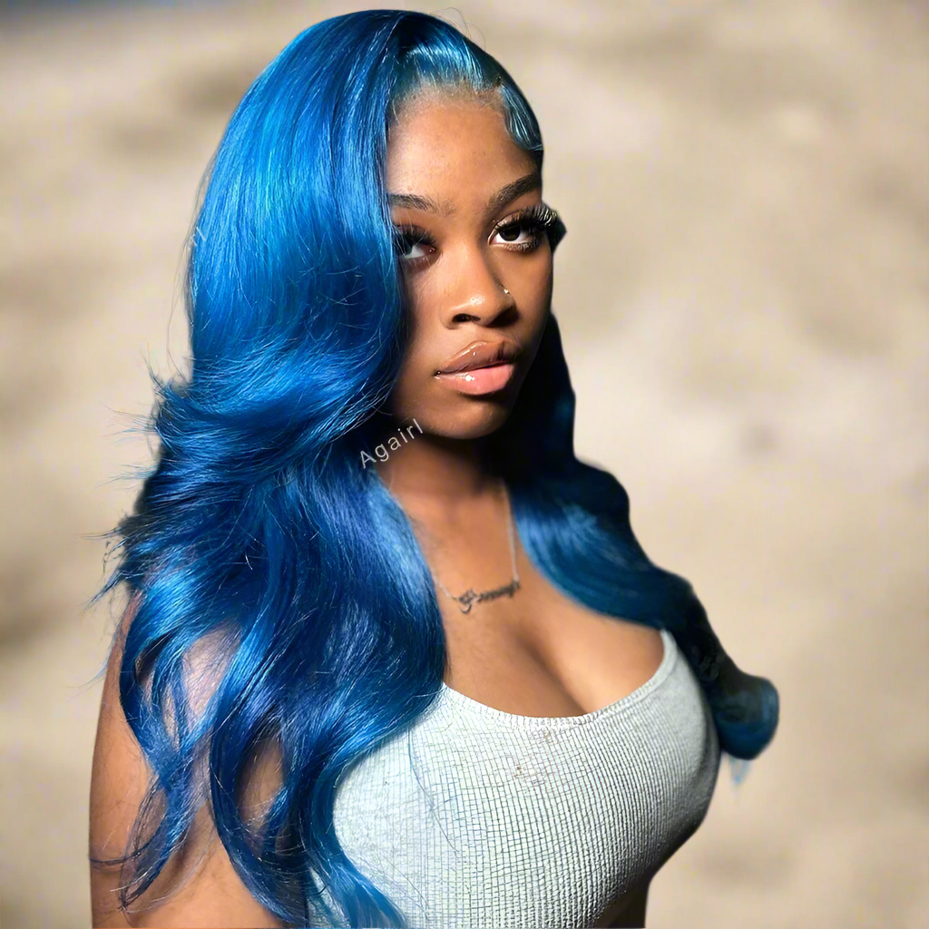 Glueless Lace Front Blue Transparent Human Hair Wigs