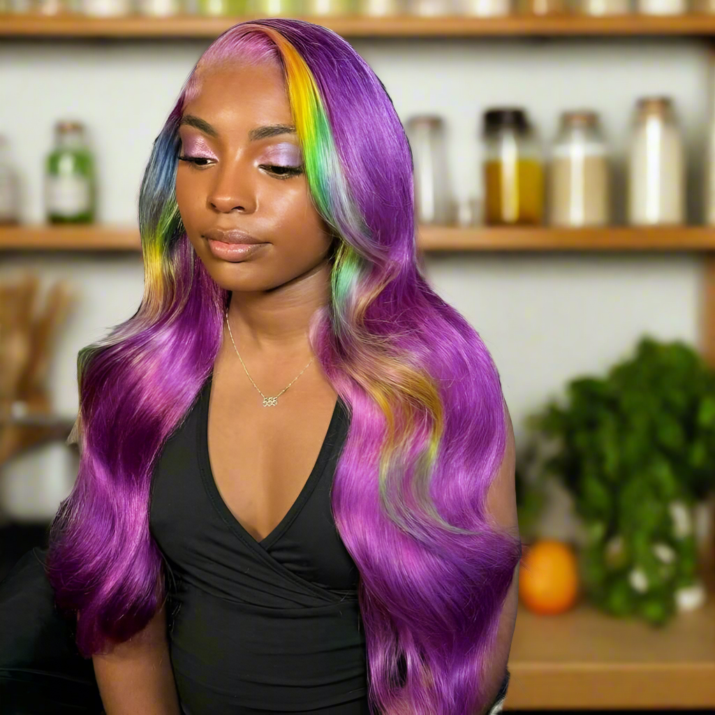 Lace Front PrePlucked Highlight Purple With Green Body Wave With Baby Hair Wig