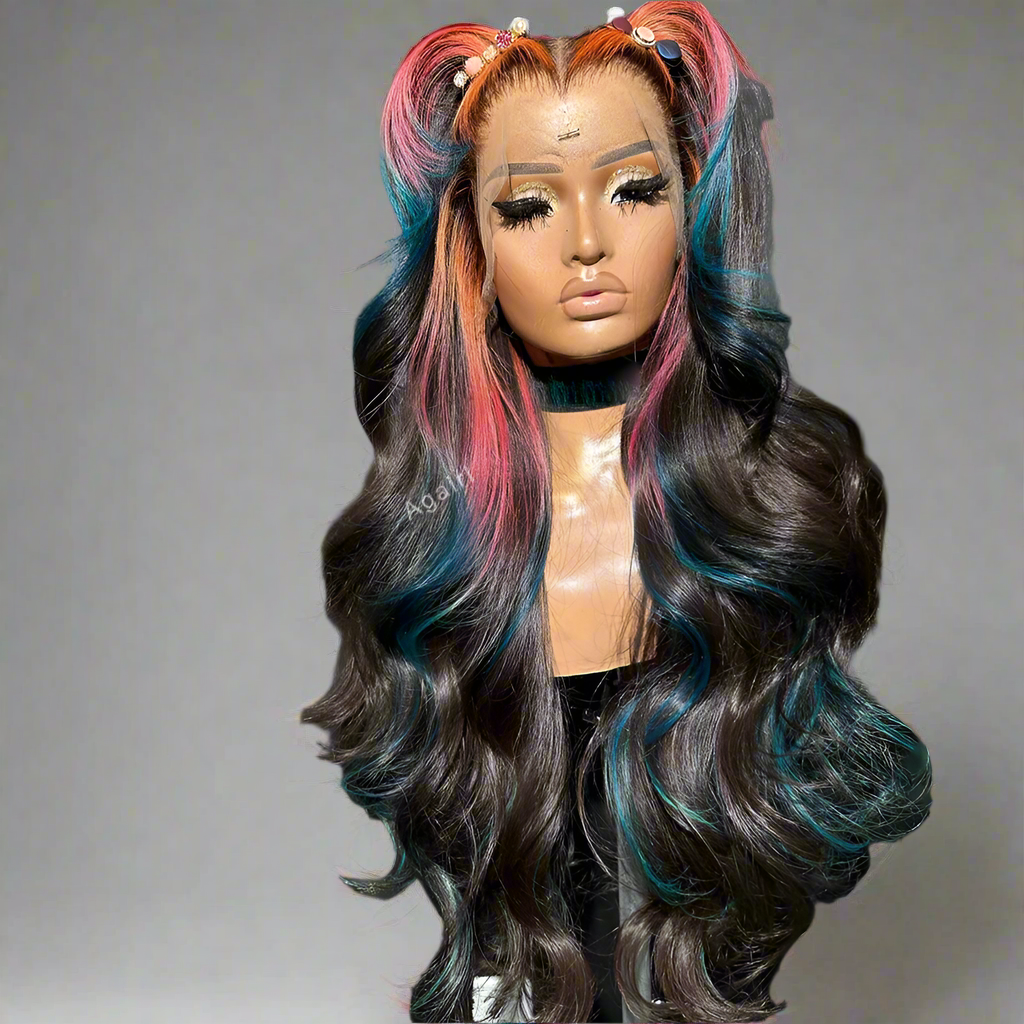 Lace Front Transparent Highlight Pink Blue Body Wave  Human Hair Wigs