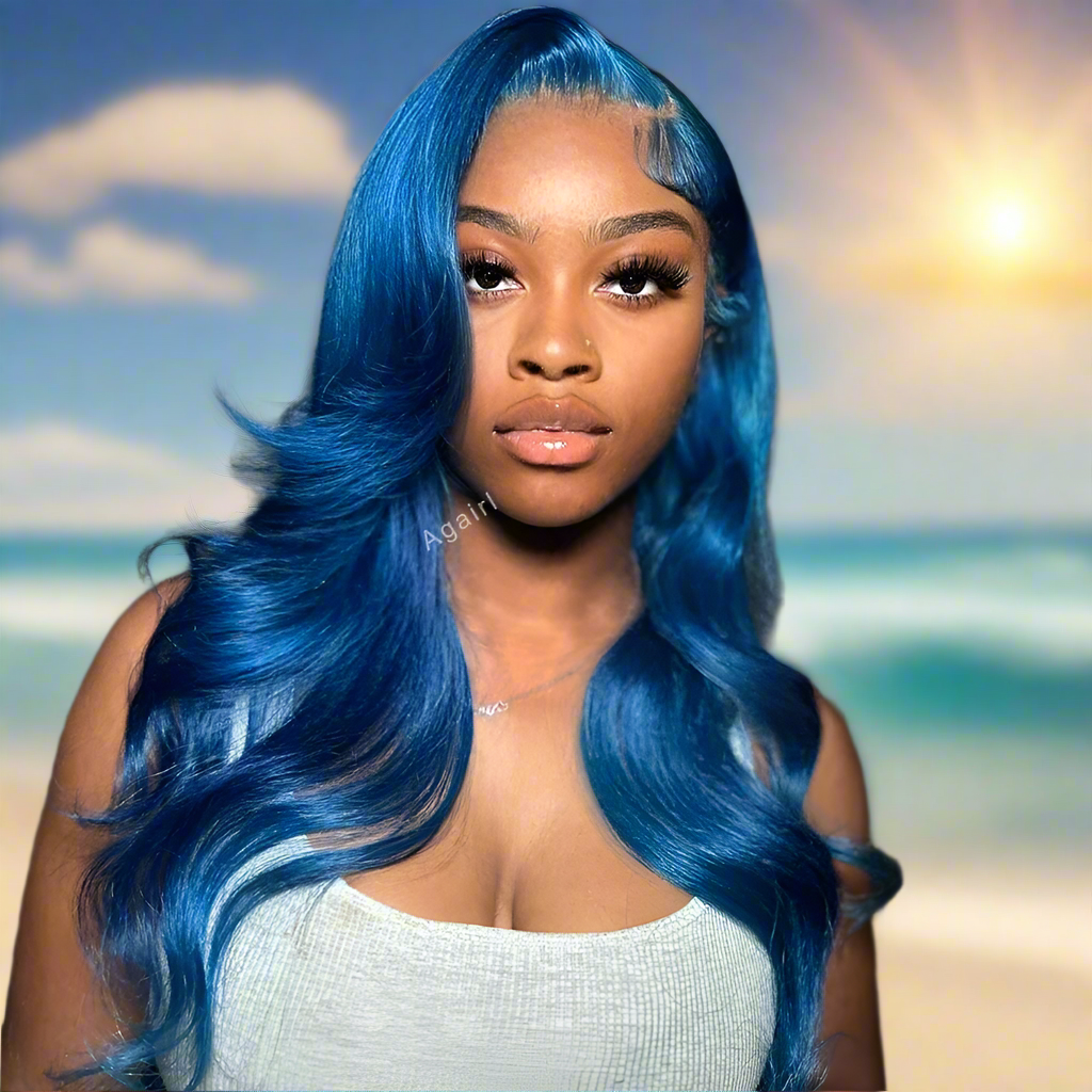 Glueless Lace Front Blue Transparent Human Hair Wigs