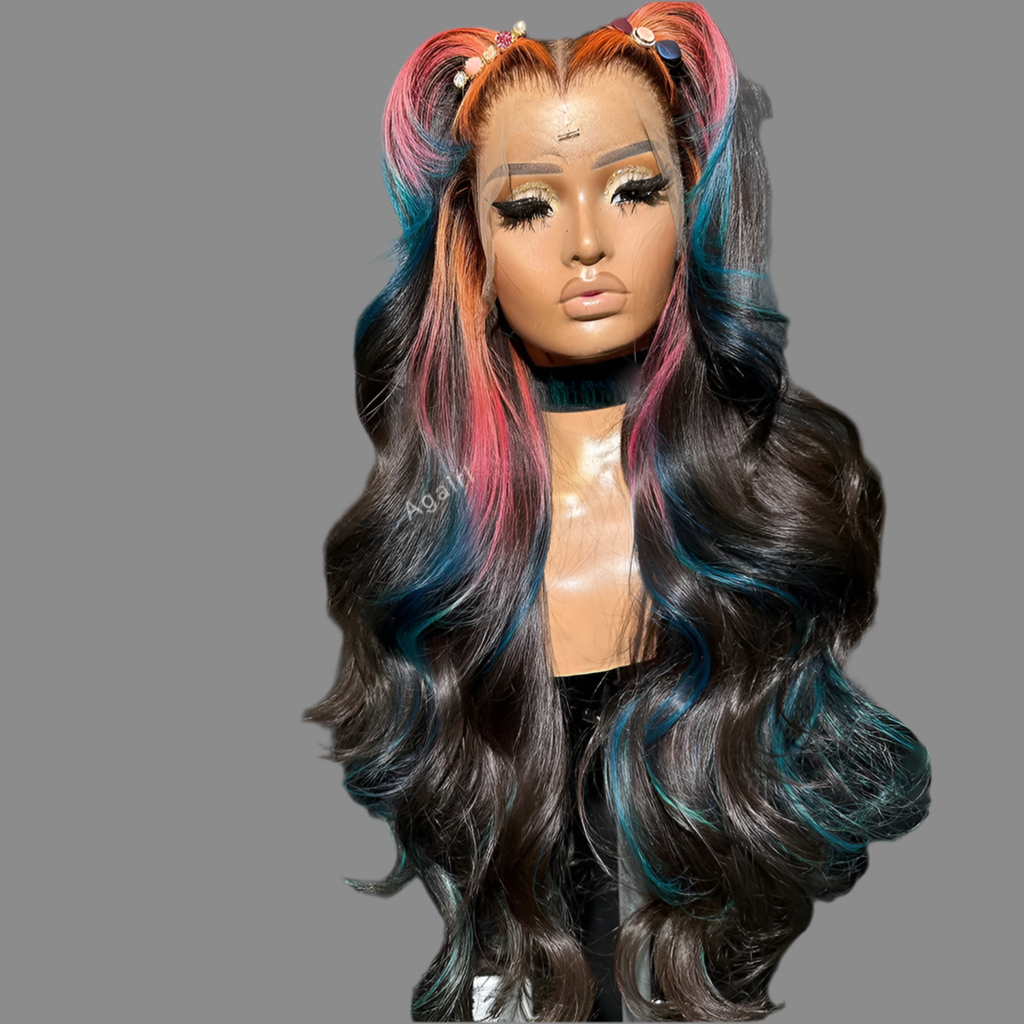 Lace Front Transparent Highlight Pink Blue Body Wave  Human Hair Wigs