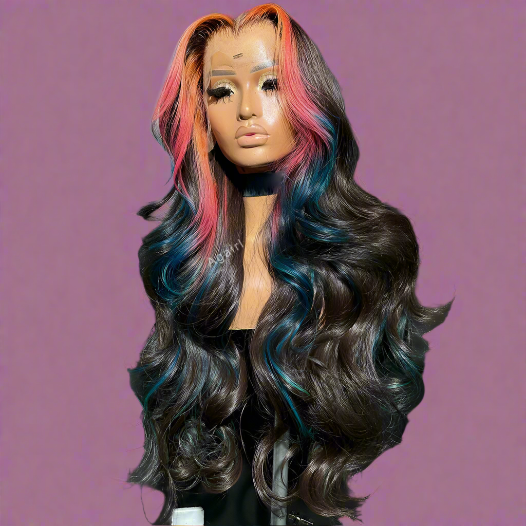 Lace Front Transparent Highlight Pink Blue Body Wave  Human Hair Wigs