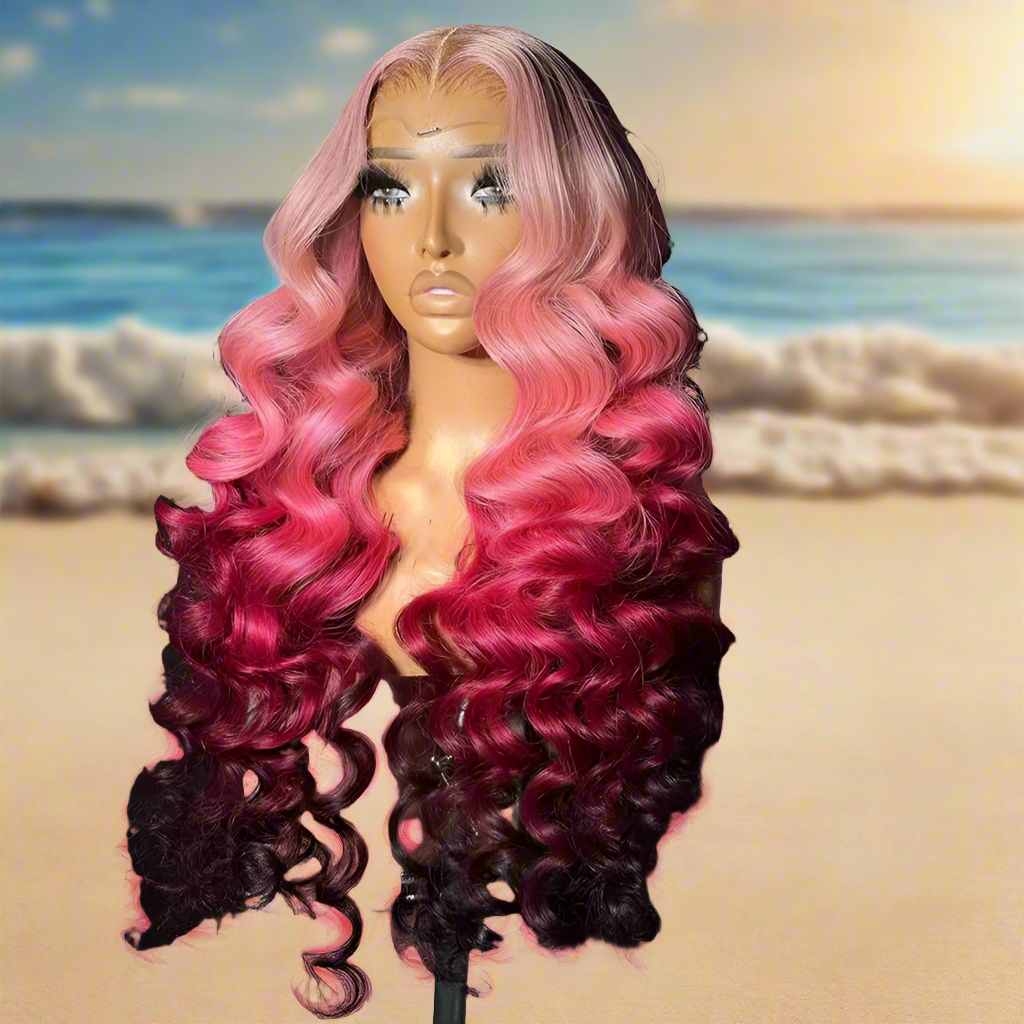 Lace Front Pre-Plucked Ombre Blonde Pink Loose Wave Brazilian Virgin Human Hair Wigs