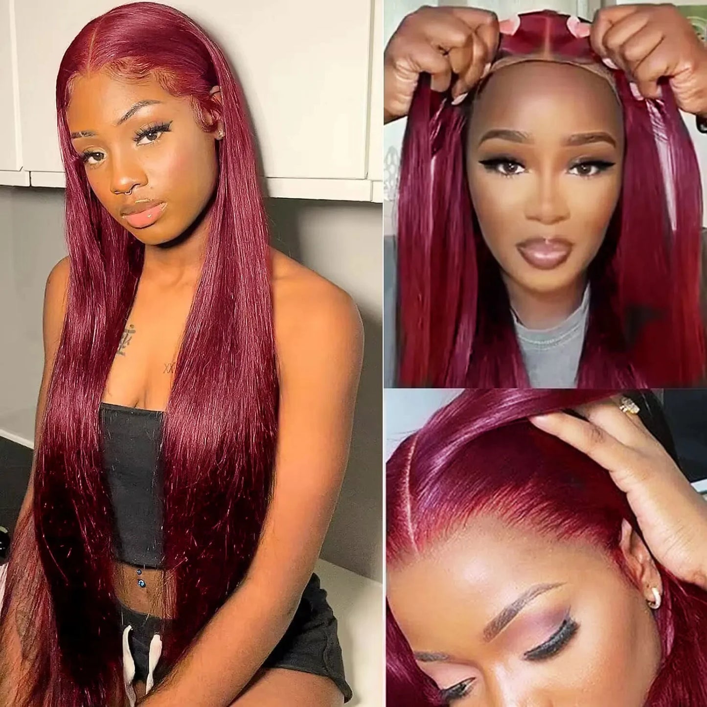 Lace Front PrePlucked Burgundy Human Hair Straight Wigs