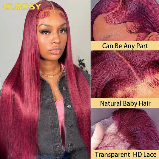 Lace Front PrePlucked Burgundy Human Hair Straight Wigs