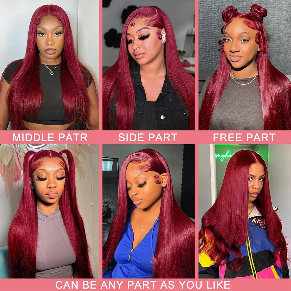 Lace Front PrePlucked Burgundy Human Hair Straight Wigs