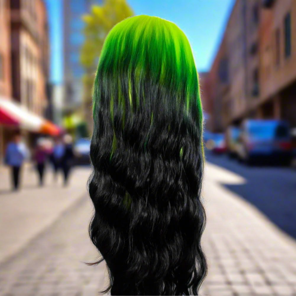 Glueless Synthetic Heat Resistant Lace Front Loose Wave Ombre Green Black Wigs