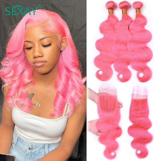 Rose Pink Body Wave Peruvian Human Hair Weave Bundles With Transparent Lace Frontal