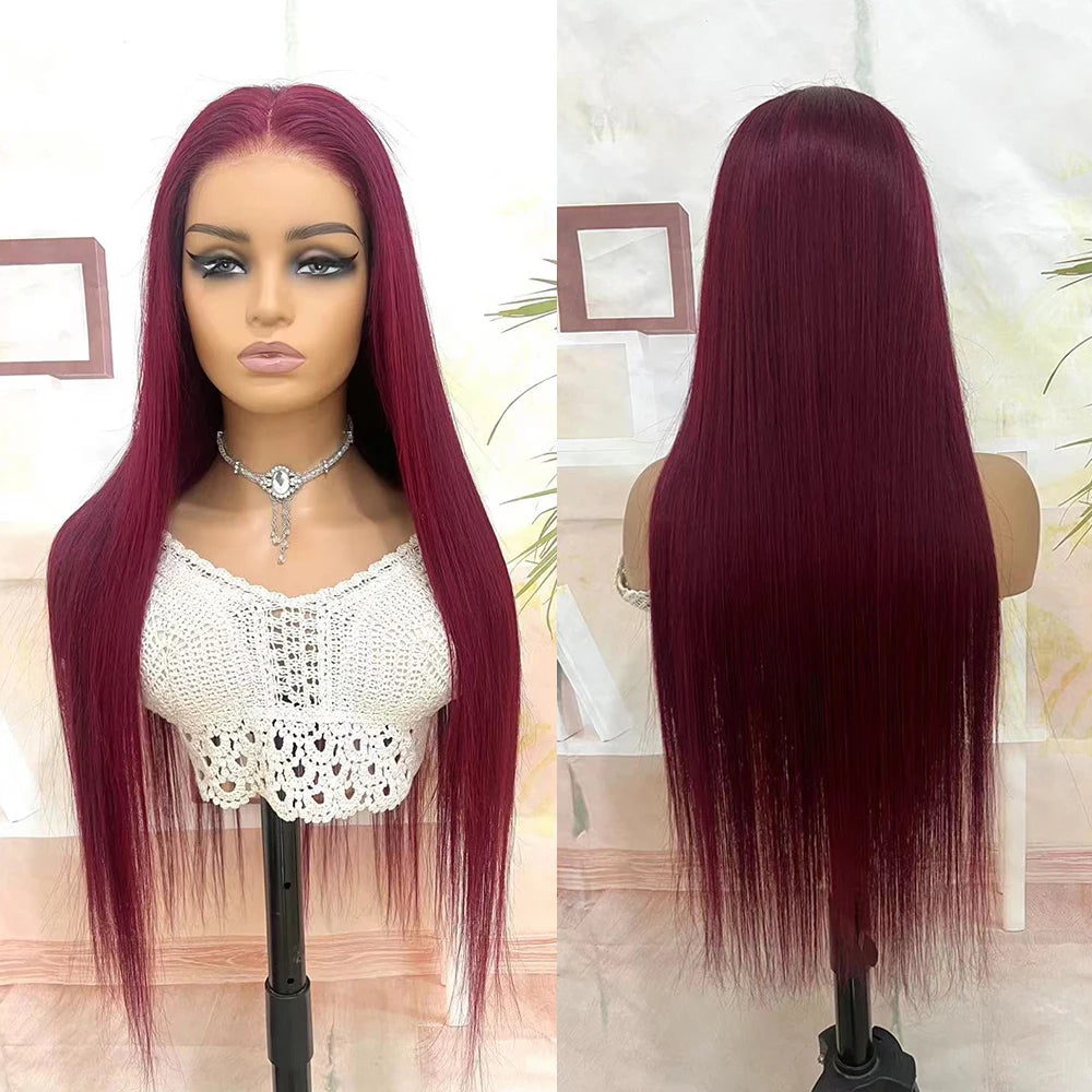 Lace Front PrePlucked Burgundy Human Hair Straight Wigs