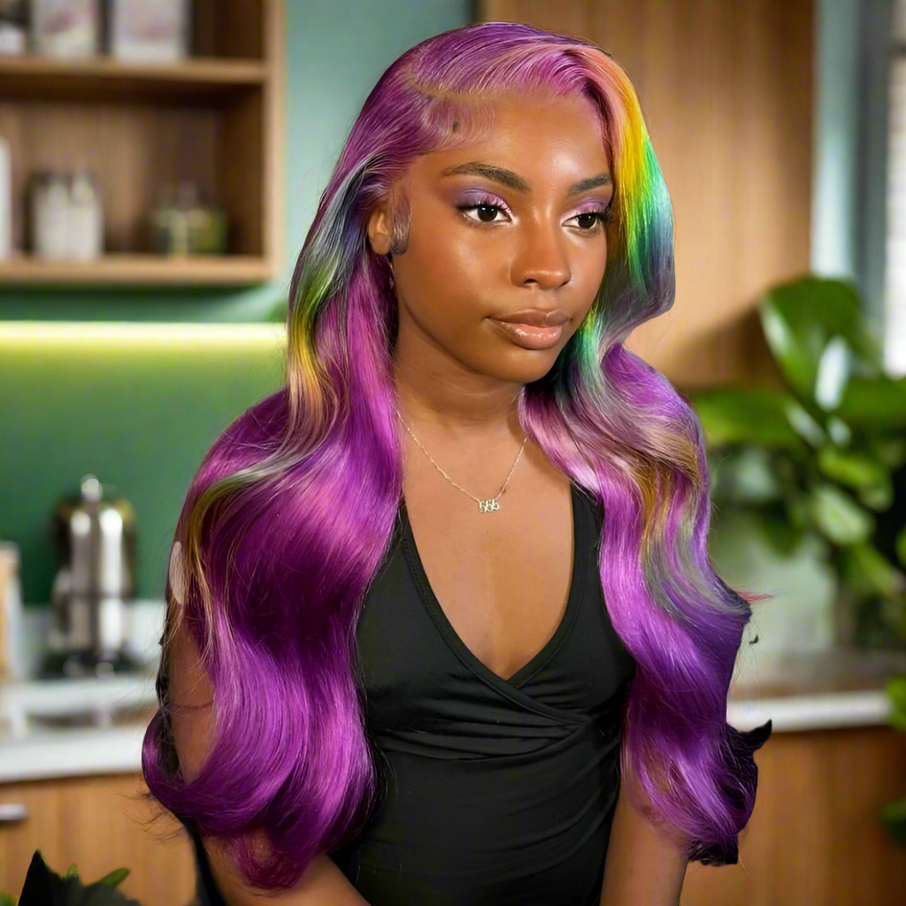 Lace Front PrePlucked Highlight Purple With Green Body Wave With Baby Hair Wig