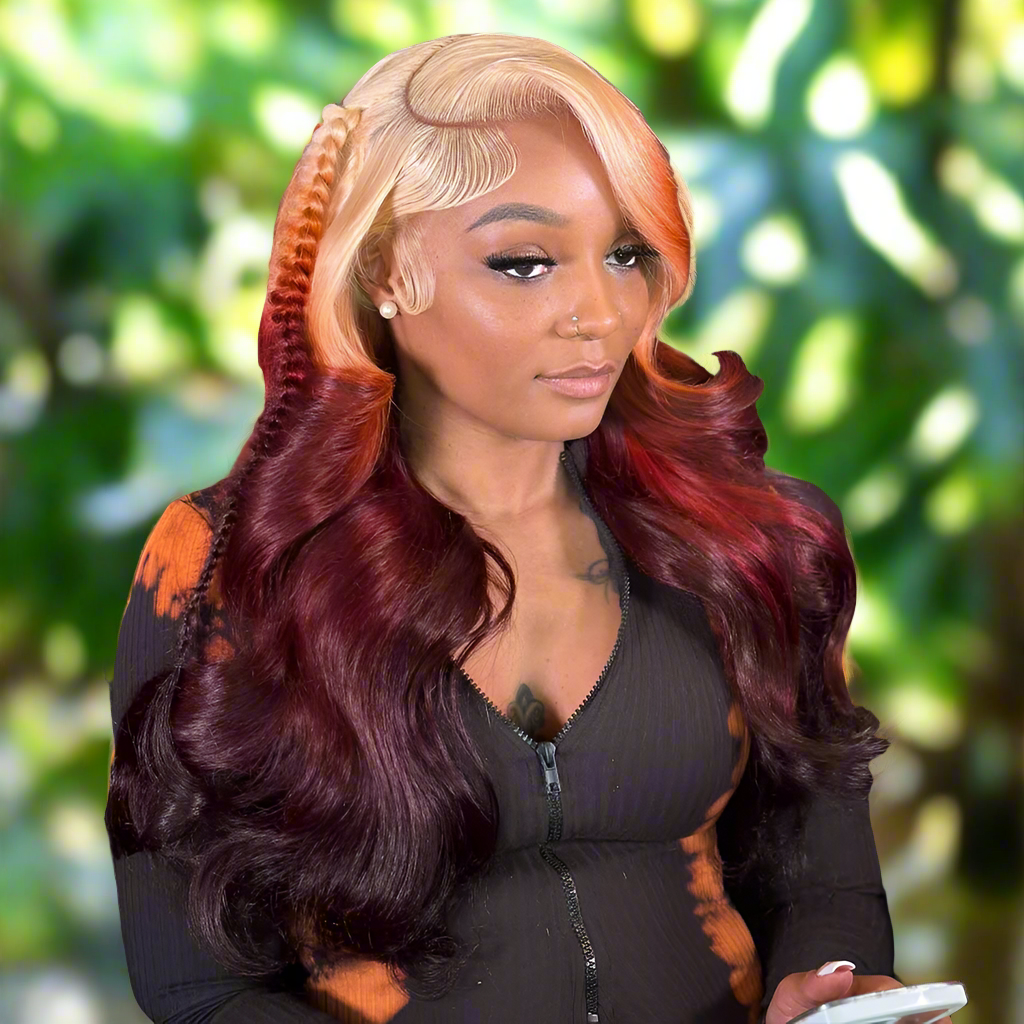 Lace Front Ombre Orange Burgundy  Human Hair Body Wave Wigs