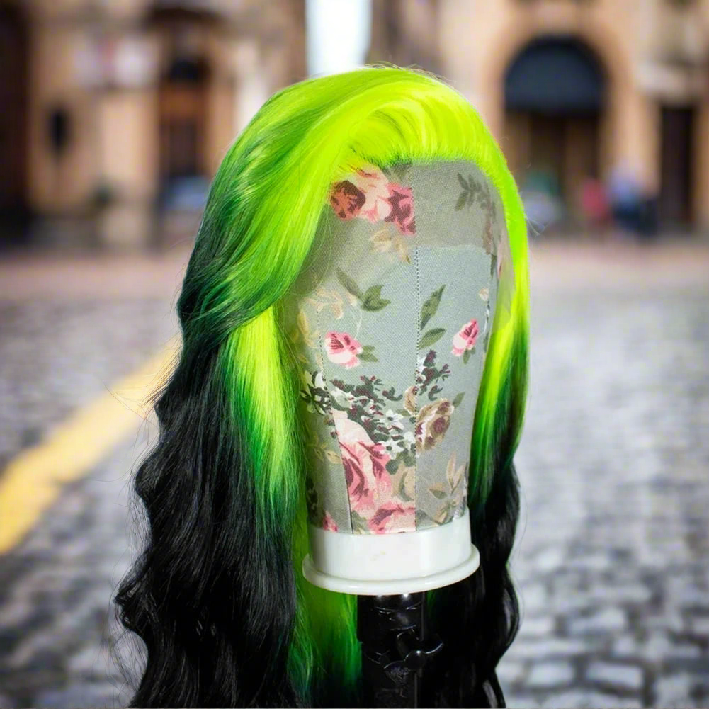 Glueless Synthetic Heat Resistant Lace Front Loose Wave Ombre Green Black Wigs