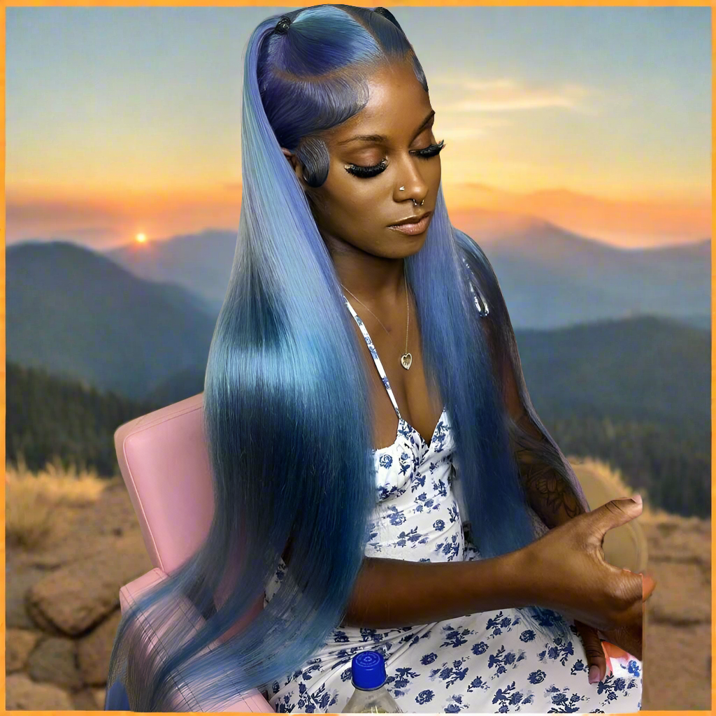 Glueless Lace Front Highlight Purple Blue Bone Straight Human Hair PrePlucked With Baby Hair Wig