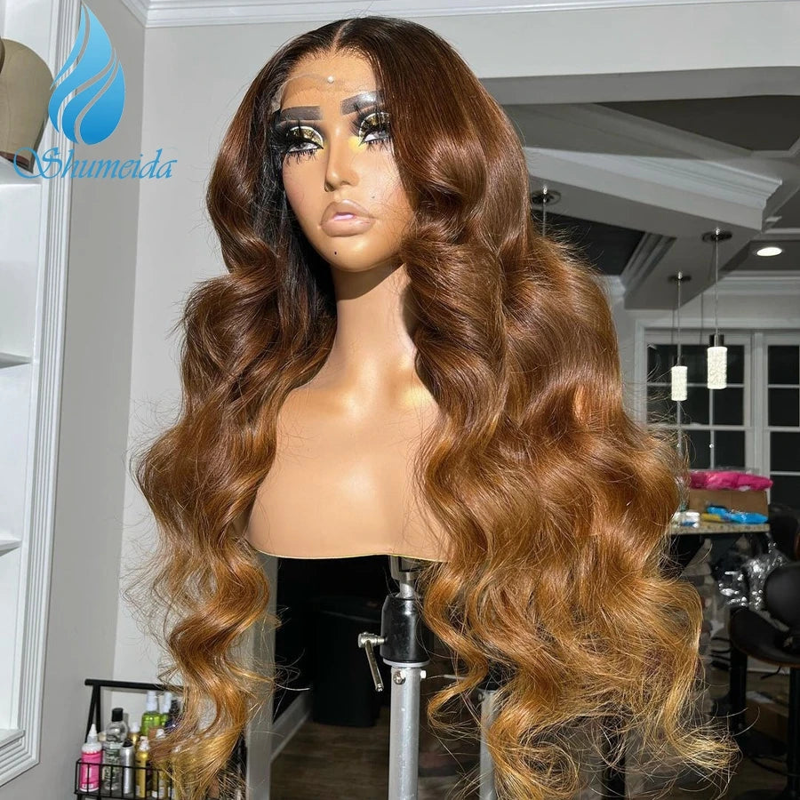 Glueless Lace Front Pre-Plucked Ombre Brown  Human Peruvian Remy  Hair Wigs