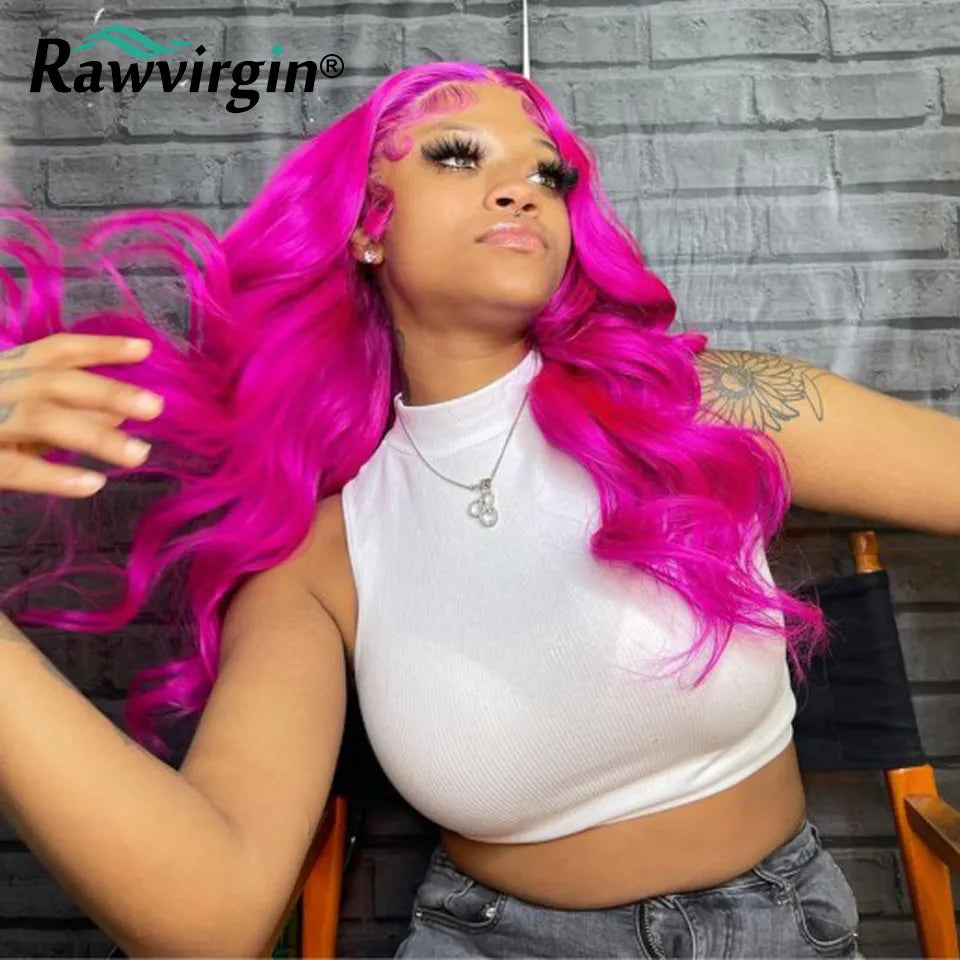 Lace Front Hot Pink Body Wave Human Hair Wig