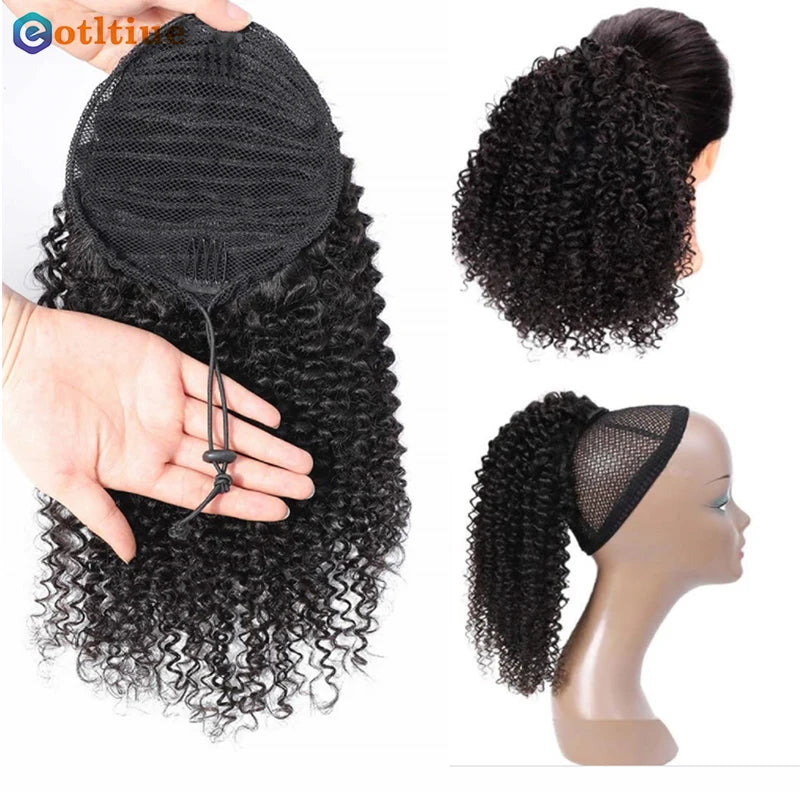 Ponytail Brazilian Human Hair Kinky Curly Hair Extensions Drawstring