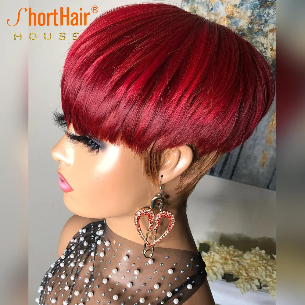 Pixie Short Cut Bob Ombre Red Brazilian Human Hair Wigs