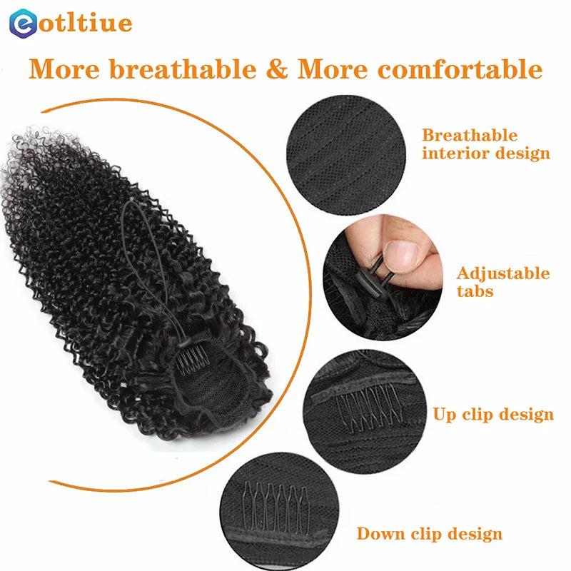 Ponytail Brazilian Human Hair Kinky Curly Hair Extensions Drawstring