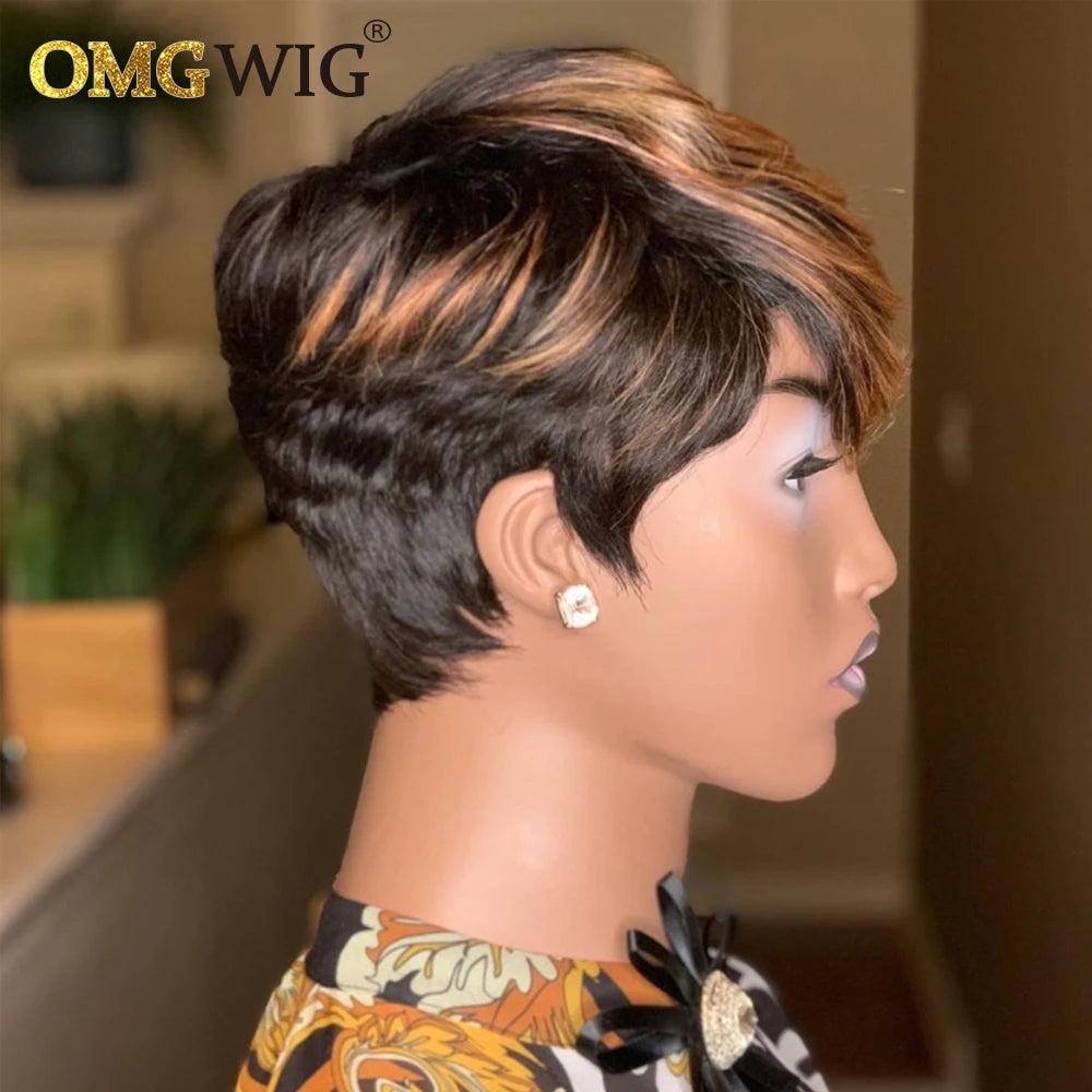 Pixie Cut Honey Blonde Ombre  Brazilian Remy Hair Wigs