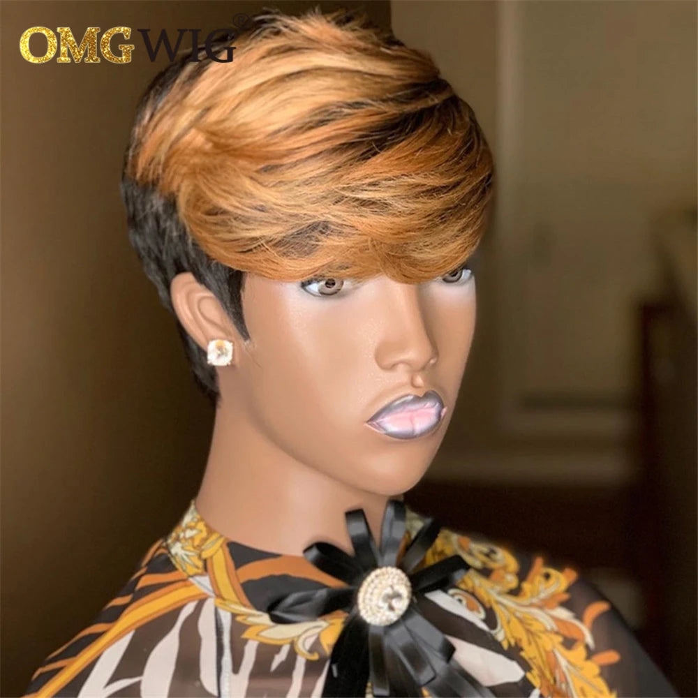 Pixie Cut Honey Blonde Ombre  Brazilian Remy Hair Wigs