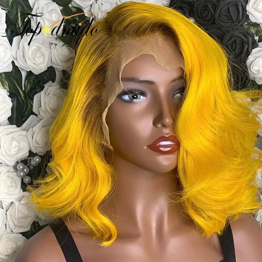 Glueless Lace Front Yellow with Dark Roots Brazilian Remy Human Hair with Baby Hair Wigs