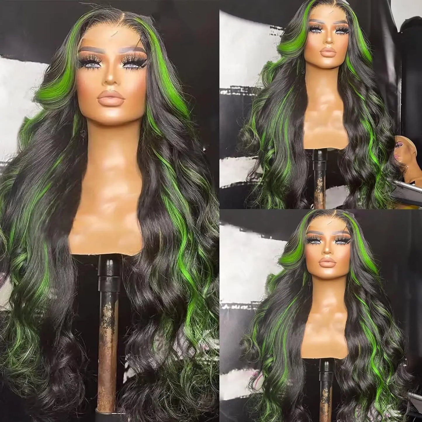 Synthetic Lace Front Pre-Plucked Green Highlight  Wig