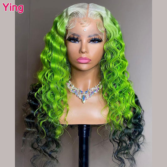 Lace Front Fluorescent Green Deep Curly Brazilian Remy Human Hair Wigs