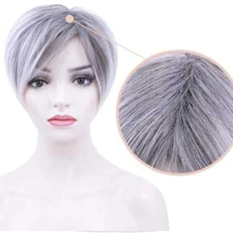 Synthetic Heat Resistant Pixie Cut Silver Grey With Bangs Wig