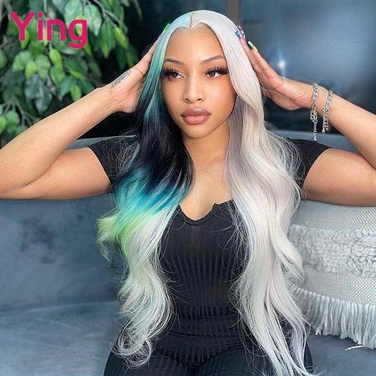 Lace Frontal Brazilian Human Hair Body Wave Highlight Blue With Black And Blonde Wigs