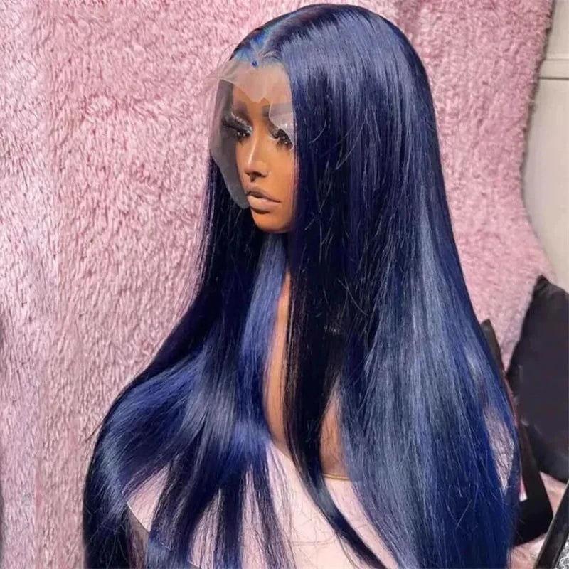 Glueless Preplucked Dark Blue  Straight Synthetic Lace Front Baby Hair Wig