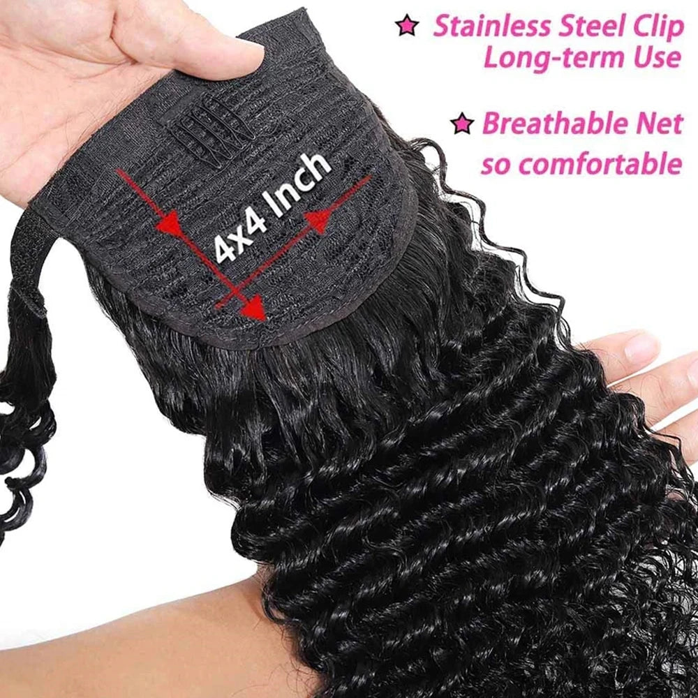 Ponytail Human Hair Wrap Around Kinky Curly Brazilian Remy Hair Extensions