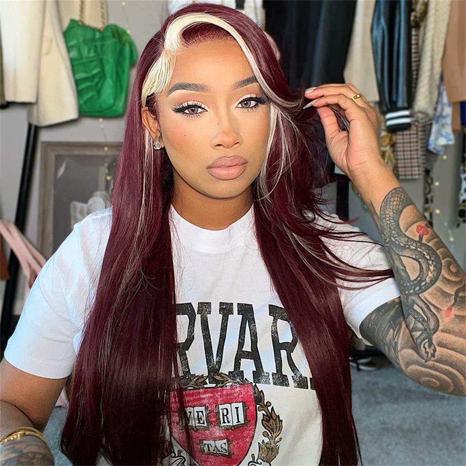 Lace Front Burgundy With Blonde and Red Stripe Pre-Plucked Human Hair Wigs