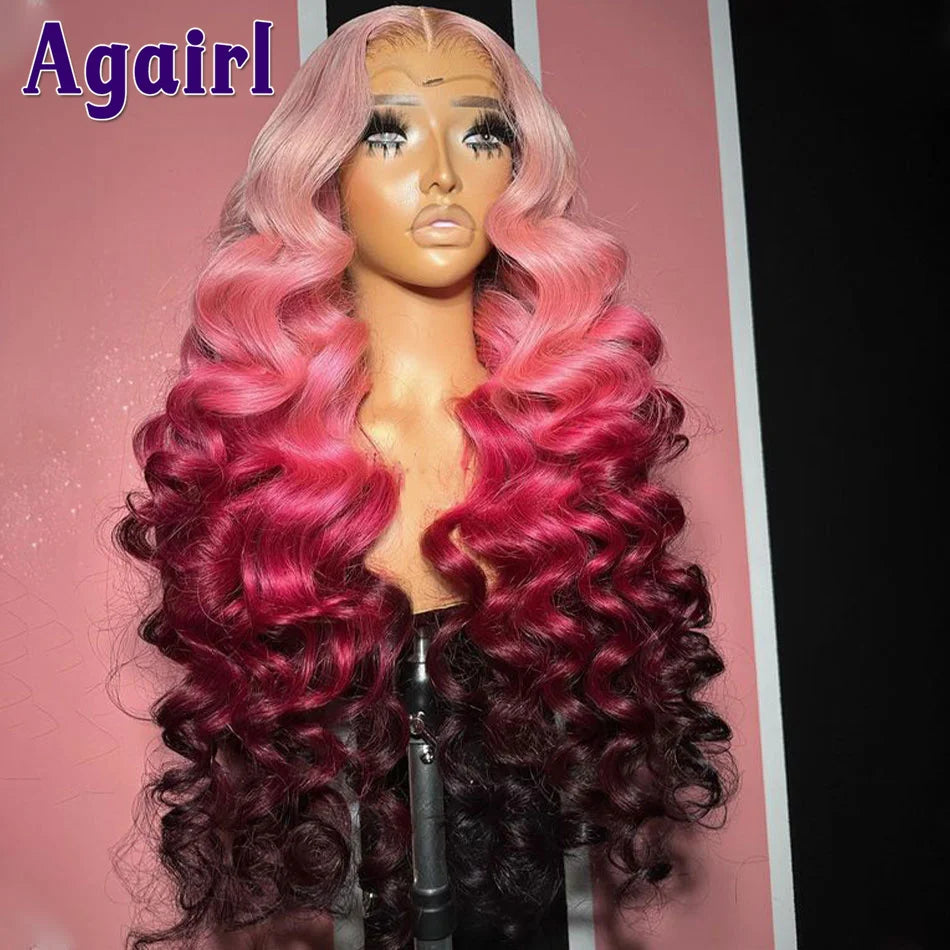 Lace Front Pre-Plucked Ombre Blonde Pink Loose Wave Brazilian Virgin Human Hair Wigs