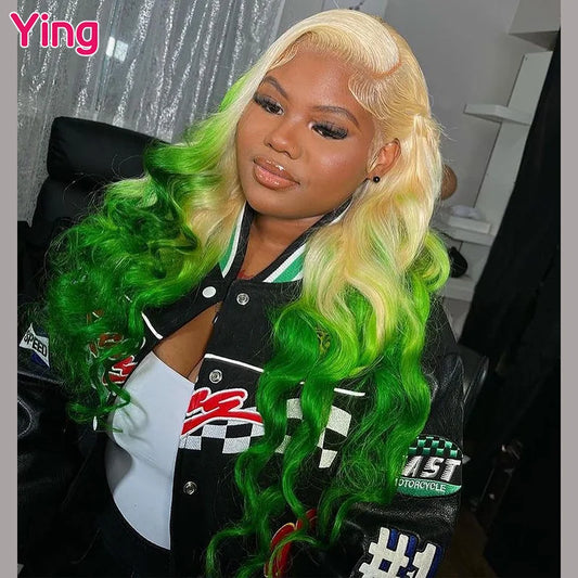 Lace Front  PrePlucked Body Wave Green Ombre Human Peruvian Remy  Hair Wig