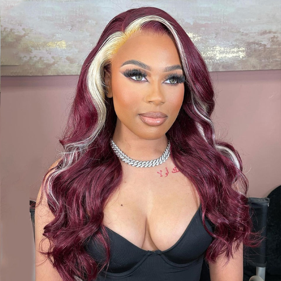 Lace Front Burgundy With Blonde and Red Stripe Pre-Plucked Human Hair Wigs