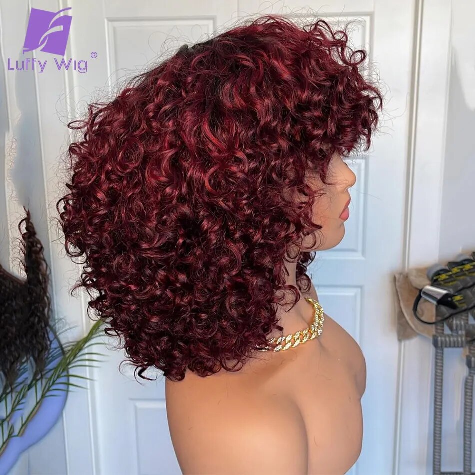 Glueless Burgundy  Short Kinky Curly with Bangs Human Hair Wig