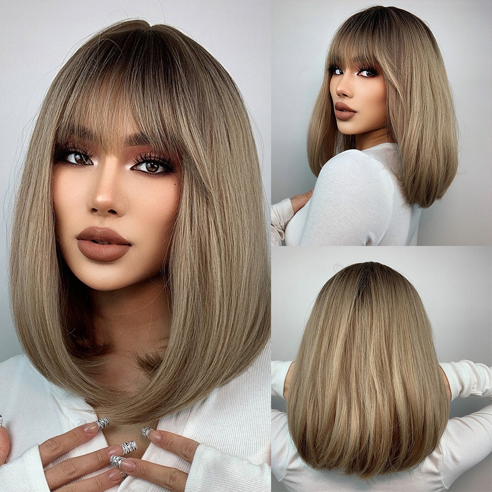 Synthetic Ombre Short Straight Bob with Bangs Wig