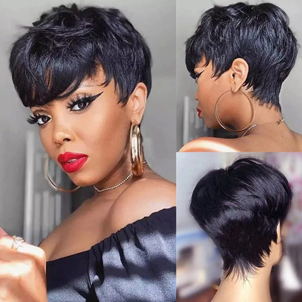 Glueless Short Pixie Cut Human Hair With Bangs Wigs