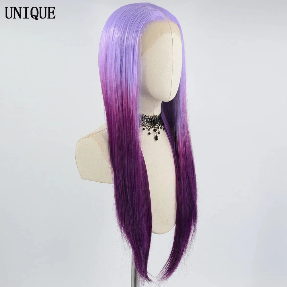 Glueless Synthetic Lace Front Straight Ombre Purple Wigs