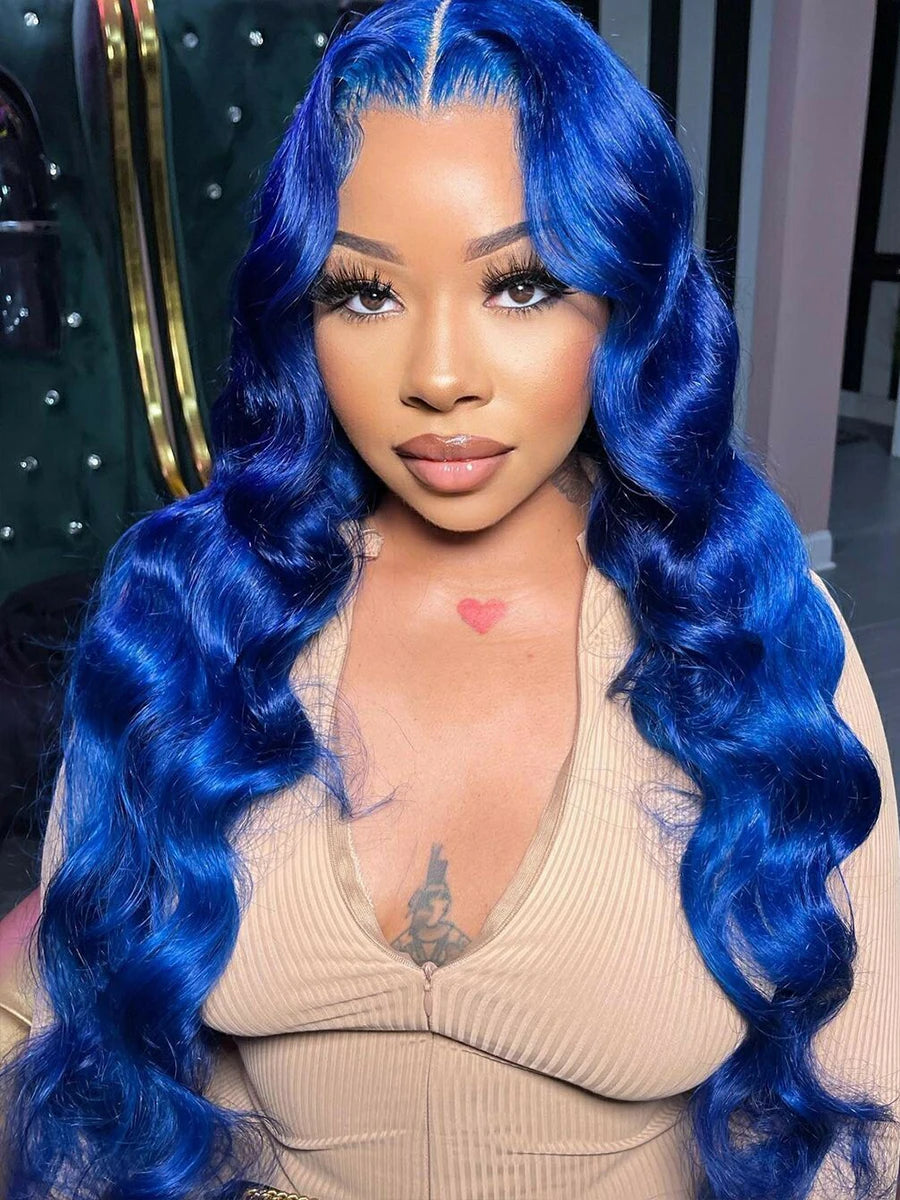 Lace Front Pre-Plucked Navy Blue Body Wave Brazilian Human Hair Wigs