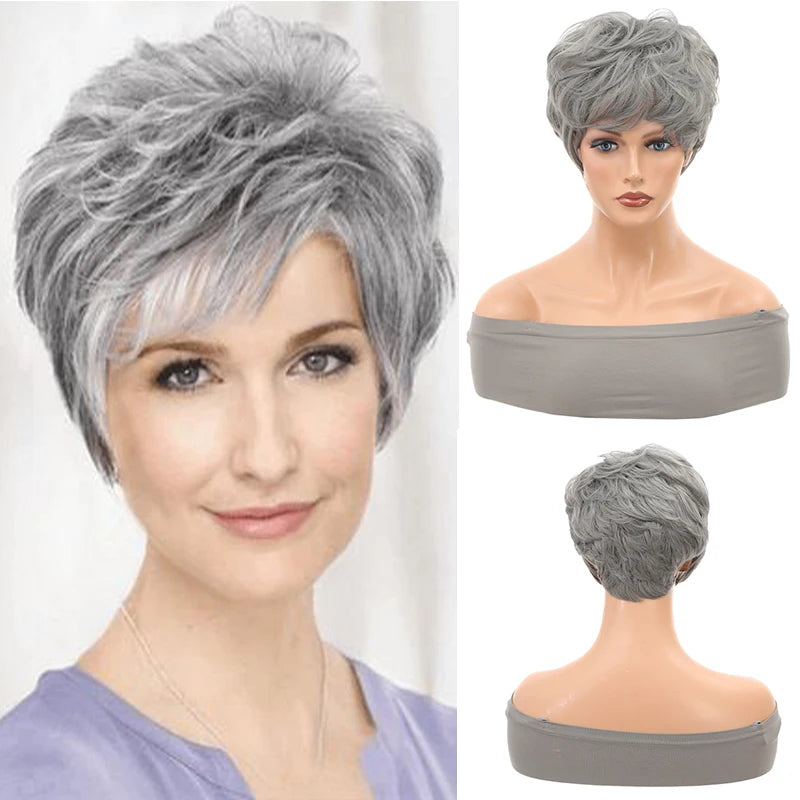 Synthetic Pixie Cut Gray Wigs