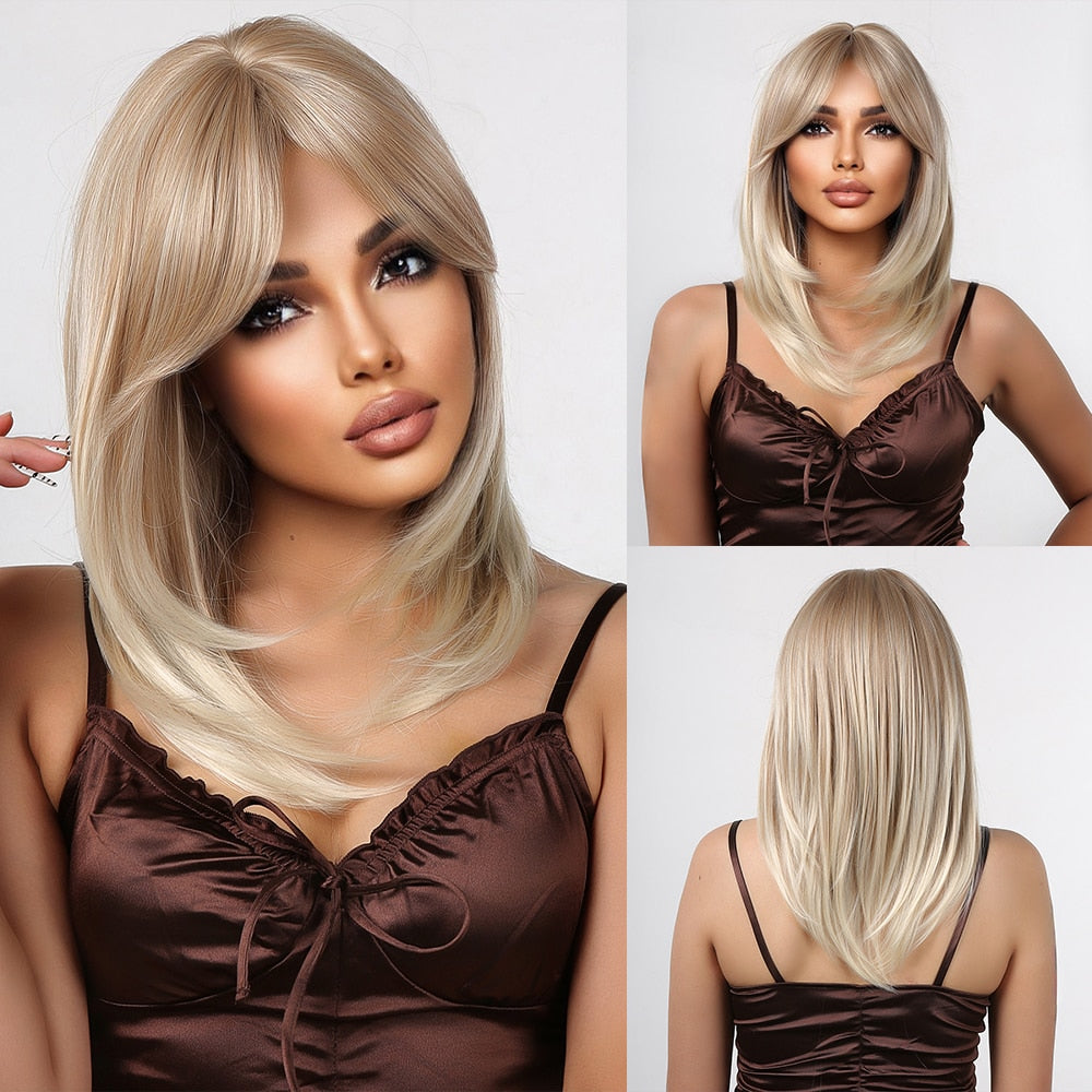 Synthetic Ombre Short Straight Bob with Bangs Wig