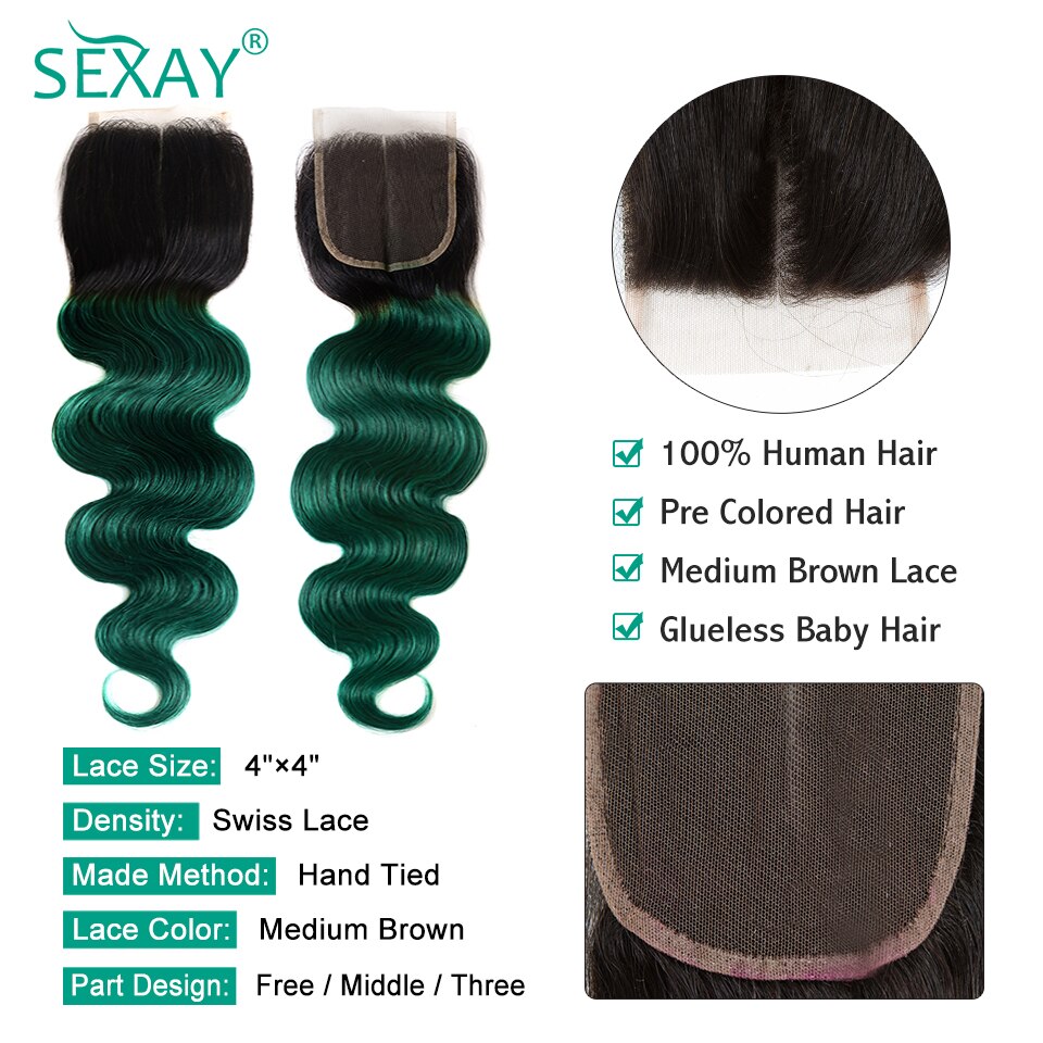 Ombre Green Body Wave Brazilian Human Hair Weave Bundles With Closure