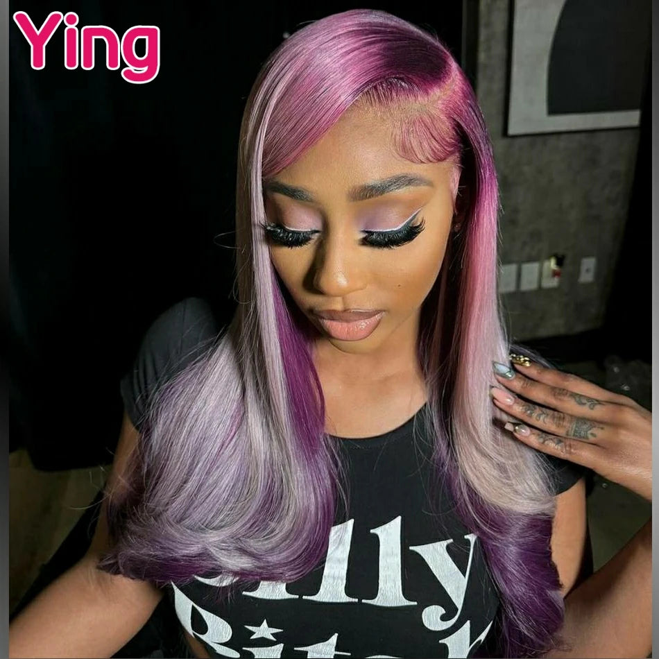 Lace Front Silver Purple Ombre Body Wave Peruvian PrePlucked With Baby Hair Wig