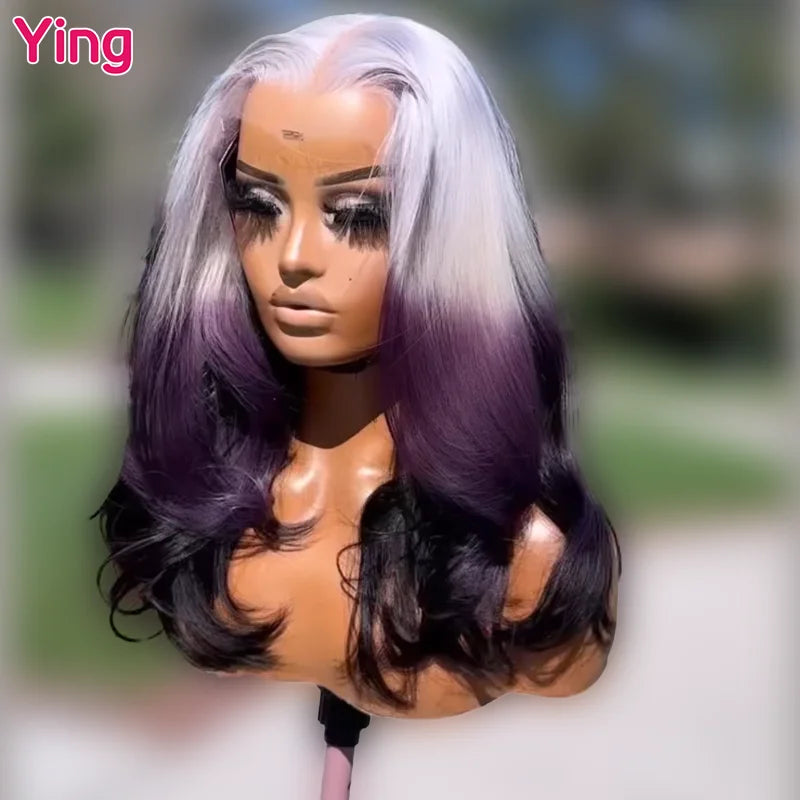 Lace Front PrePlucked Body Wave Grey Purple Ombre Human Remy Hair Wig