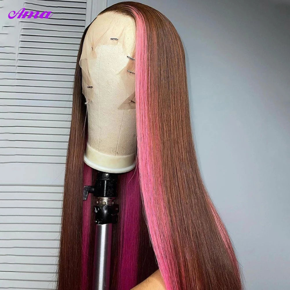 Lace Front Body Wave Brown Pink Colored Human Hair  Wig