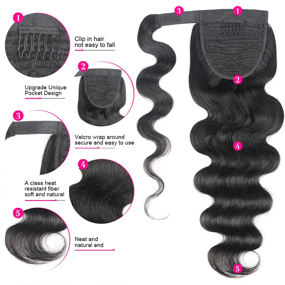 Kinky, Straight, and Body Wave Brazilian Human Remy Hair Ponytails Extension