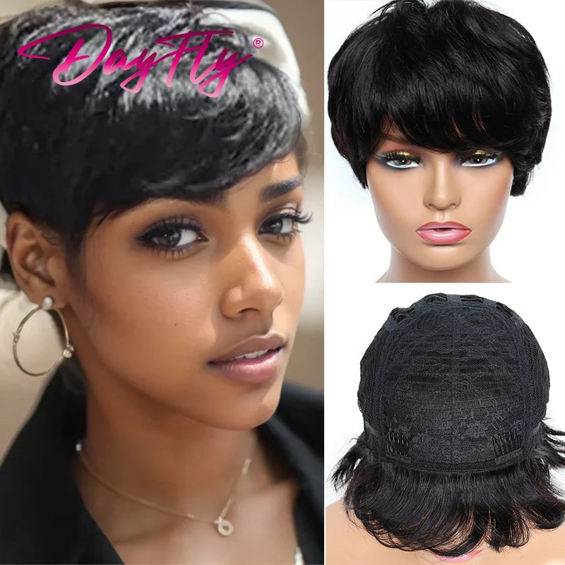 Pixie Cut Brazilian Human Hair With Bangs Wigs