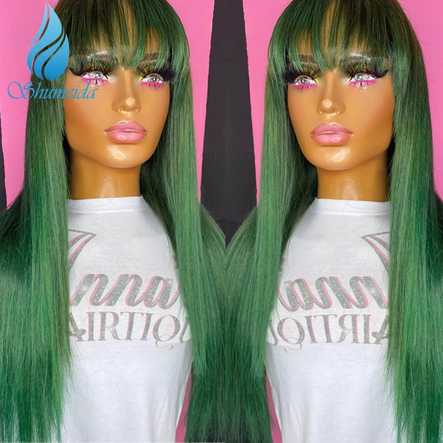 Glueless Lace Front Pre-Plucked Green with Bangs Brazilian Human Remy Baby Hair Wigs