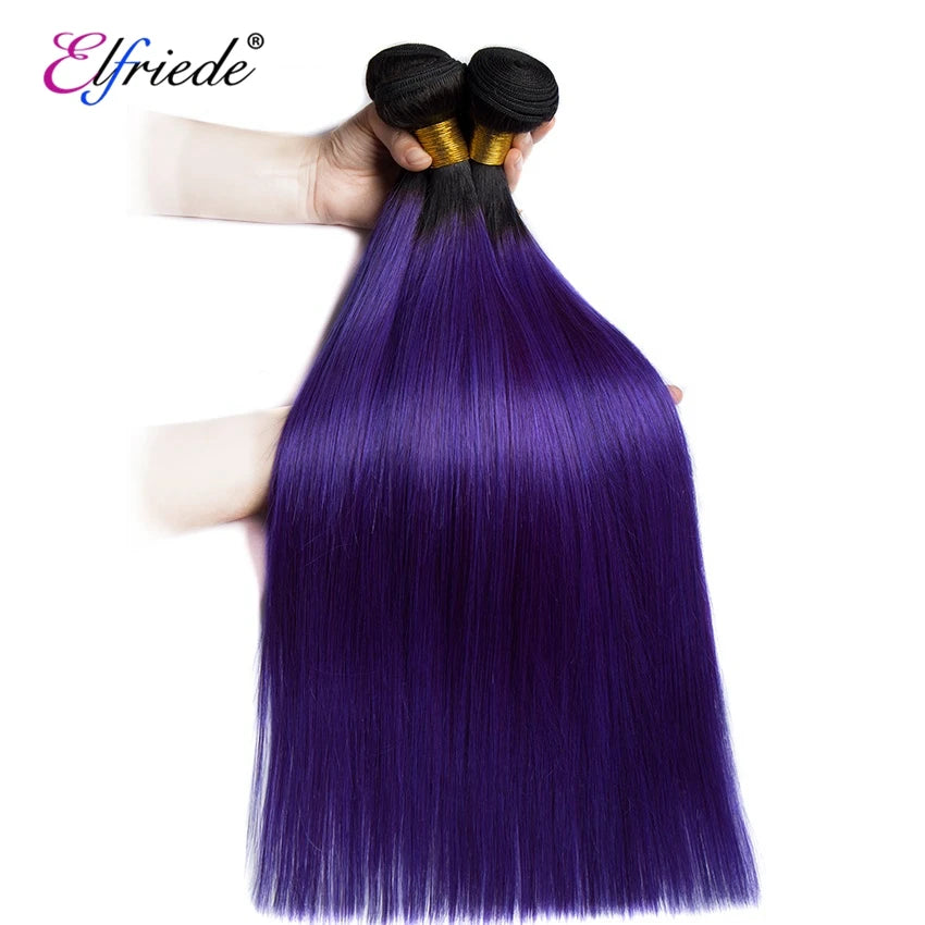 Ombre Purple Straight Hair Bundles with Frontal Human Hair Weaves